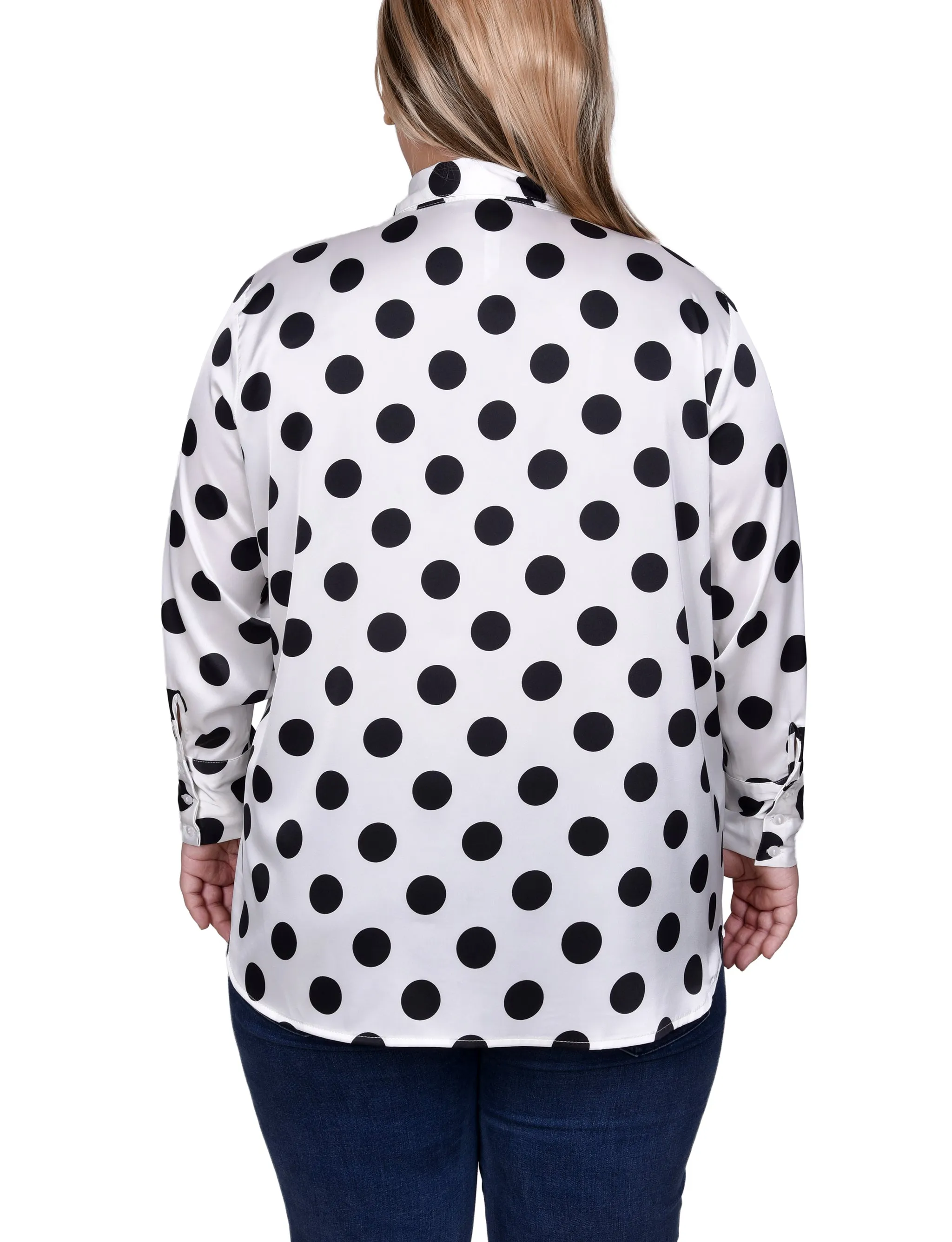 Plus Size Long Sleeve Dotted Satin Blouse