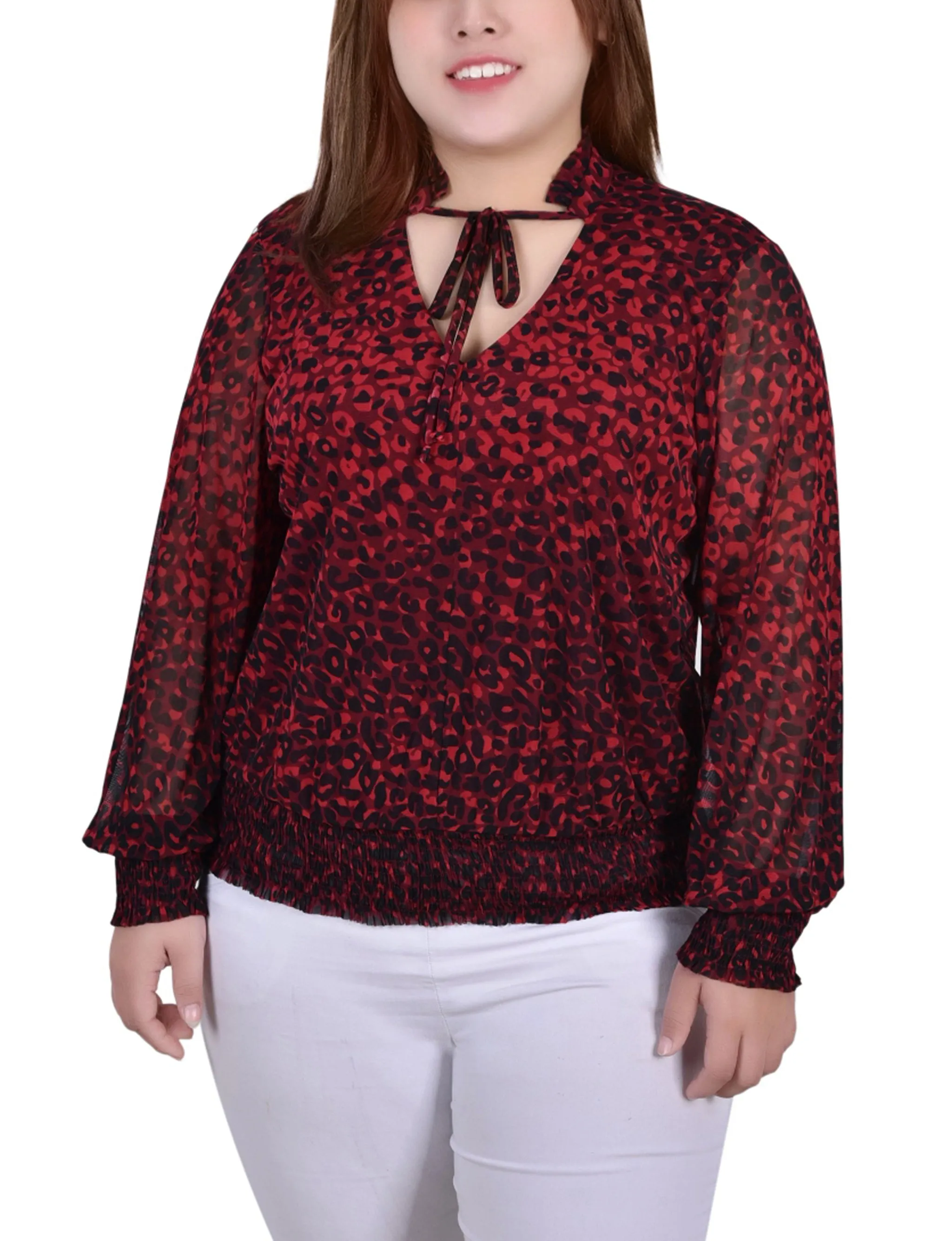 Plus Size Long Sleeve Sheer Smocked Hem Top