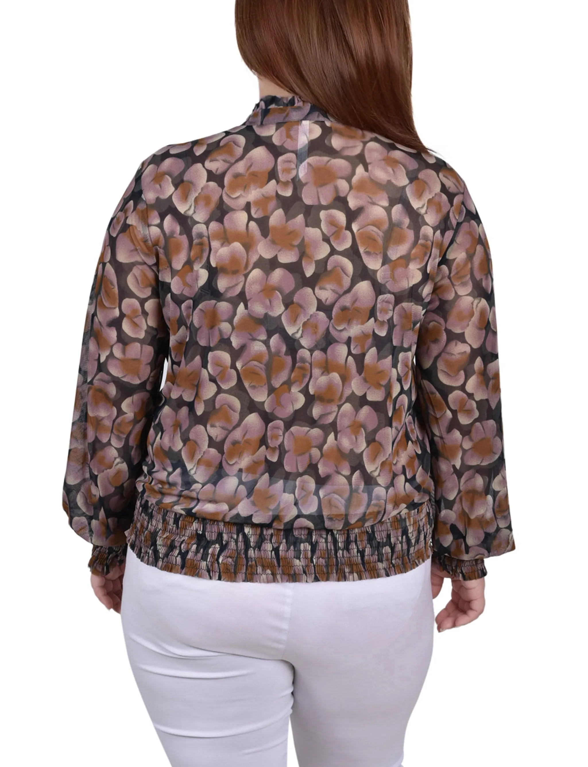 Plus Size Long Sleeve Sheer Smocked Hem Top