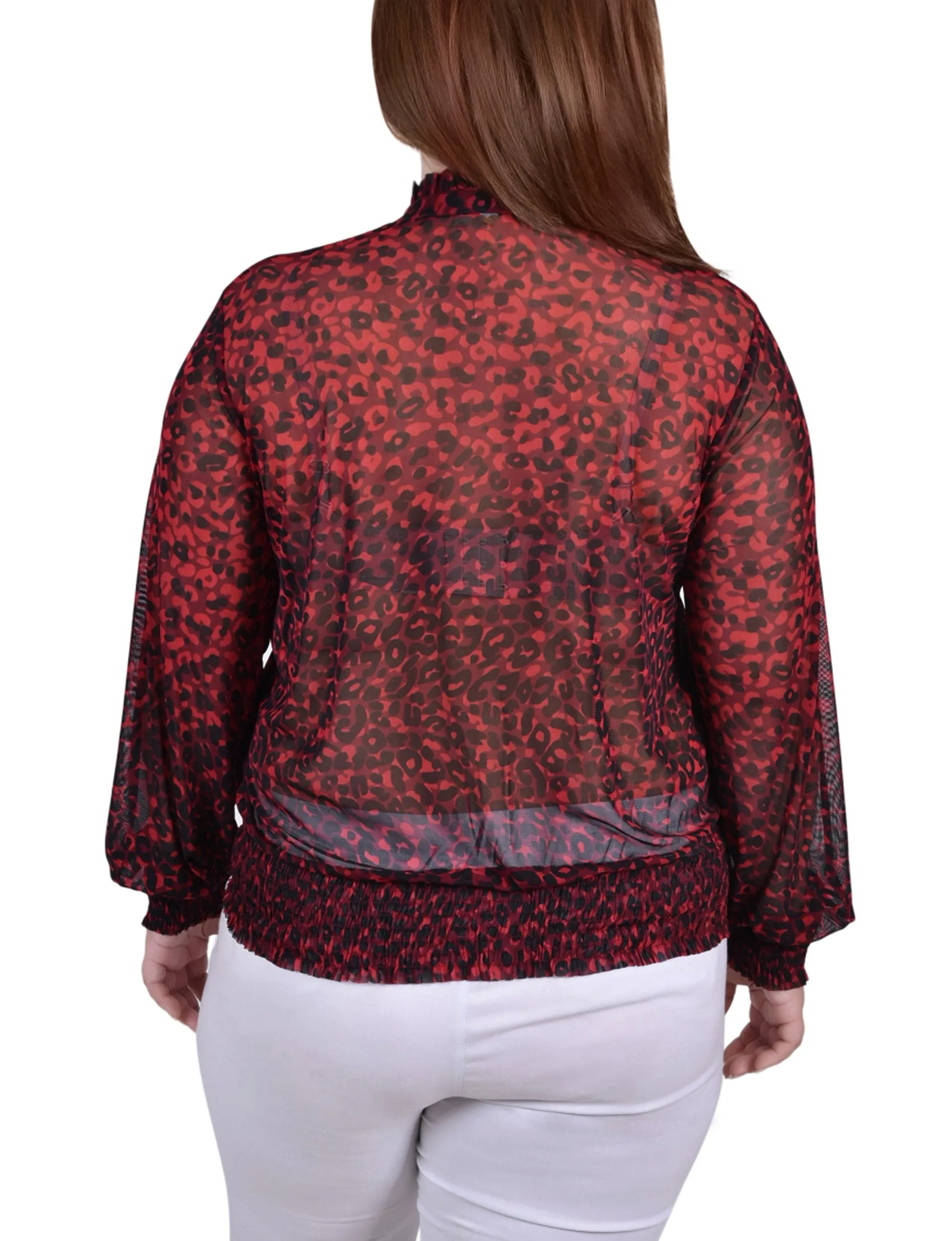 Plus Size Long Sleeve Sheer Smocked Hem Top