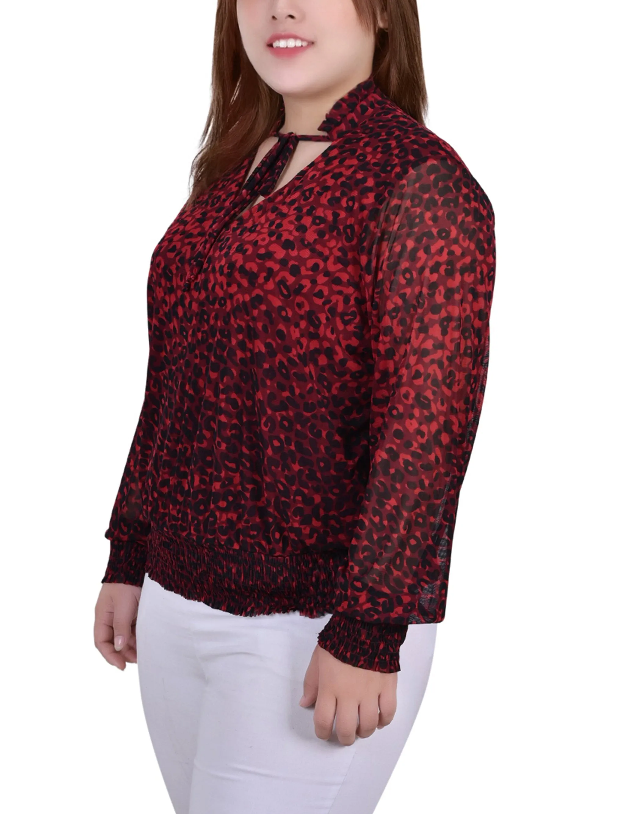 Plus Size Long Sleeve Sheer Smocked Hem Top
