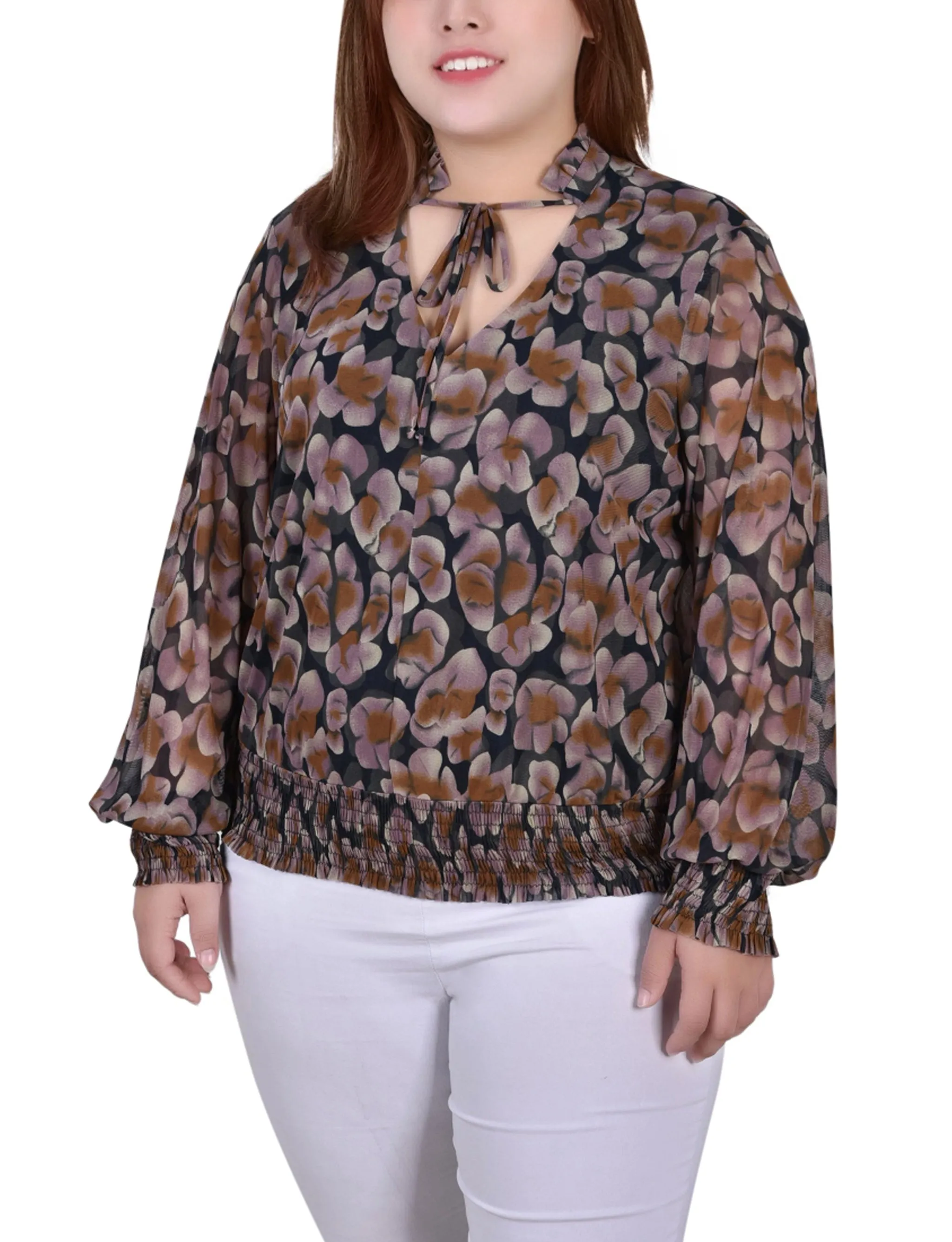 Plus Size Long Sleeve Sheer Smocked Hem Top