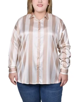 Plus Size Long Sleeve Striped Satin Blouse