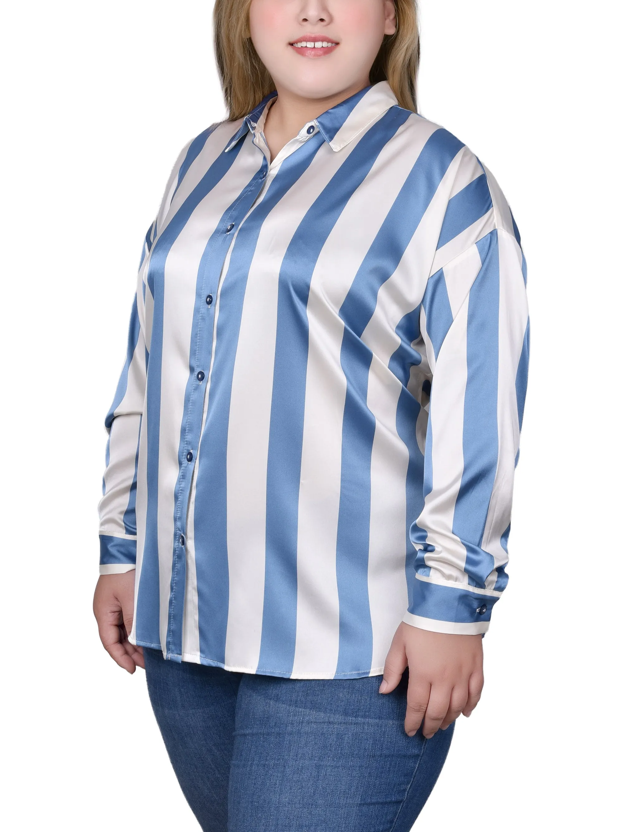 Plus Size Long Sleeve Striped Satin Blouse