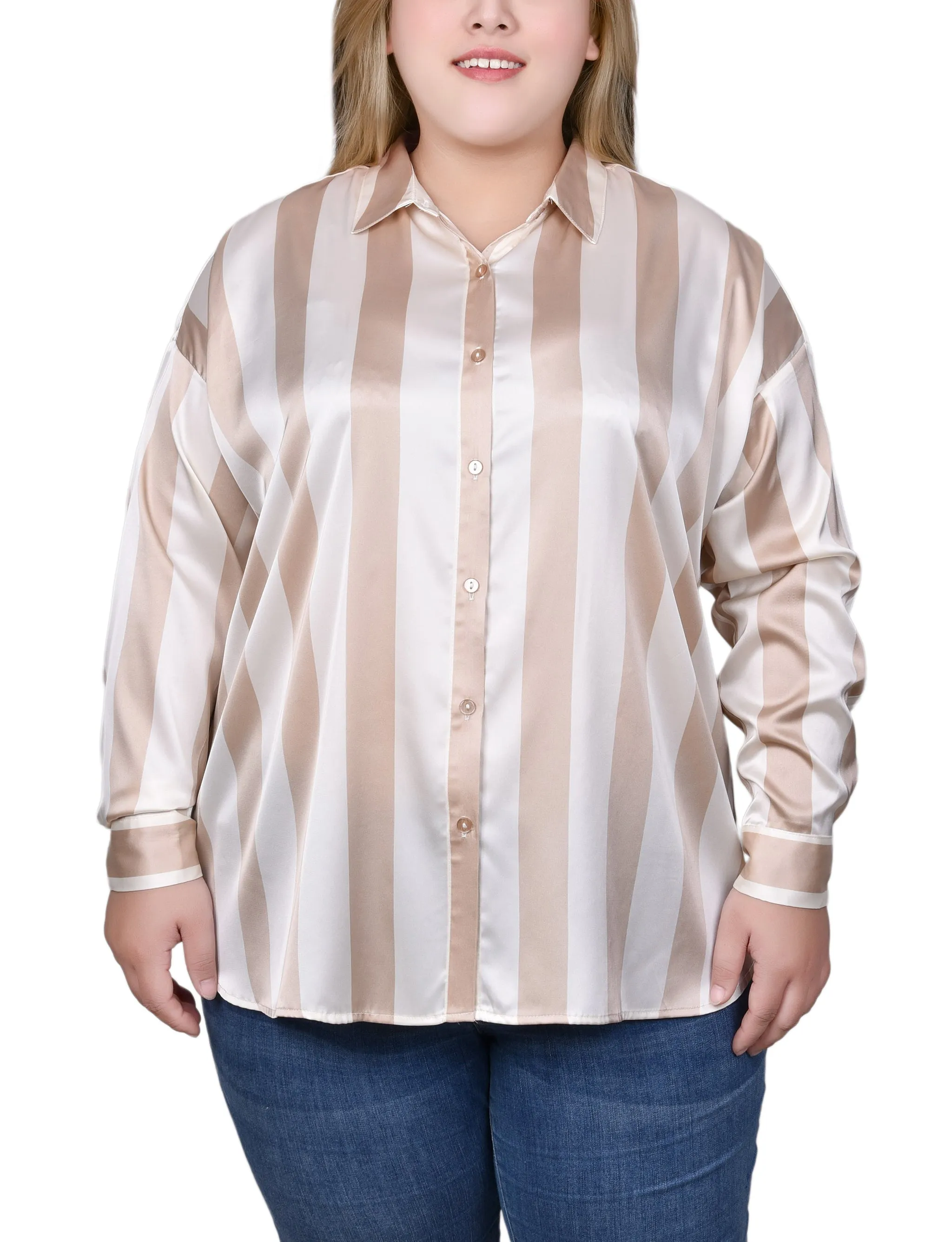 Plus Size Long Sleeve Striped Satin Blouse