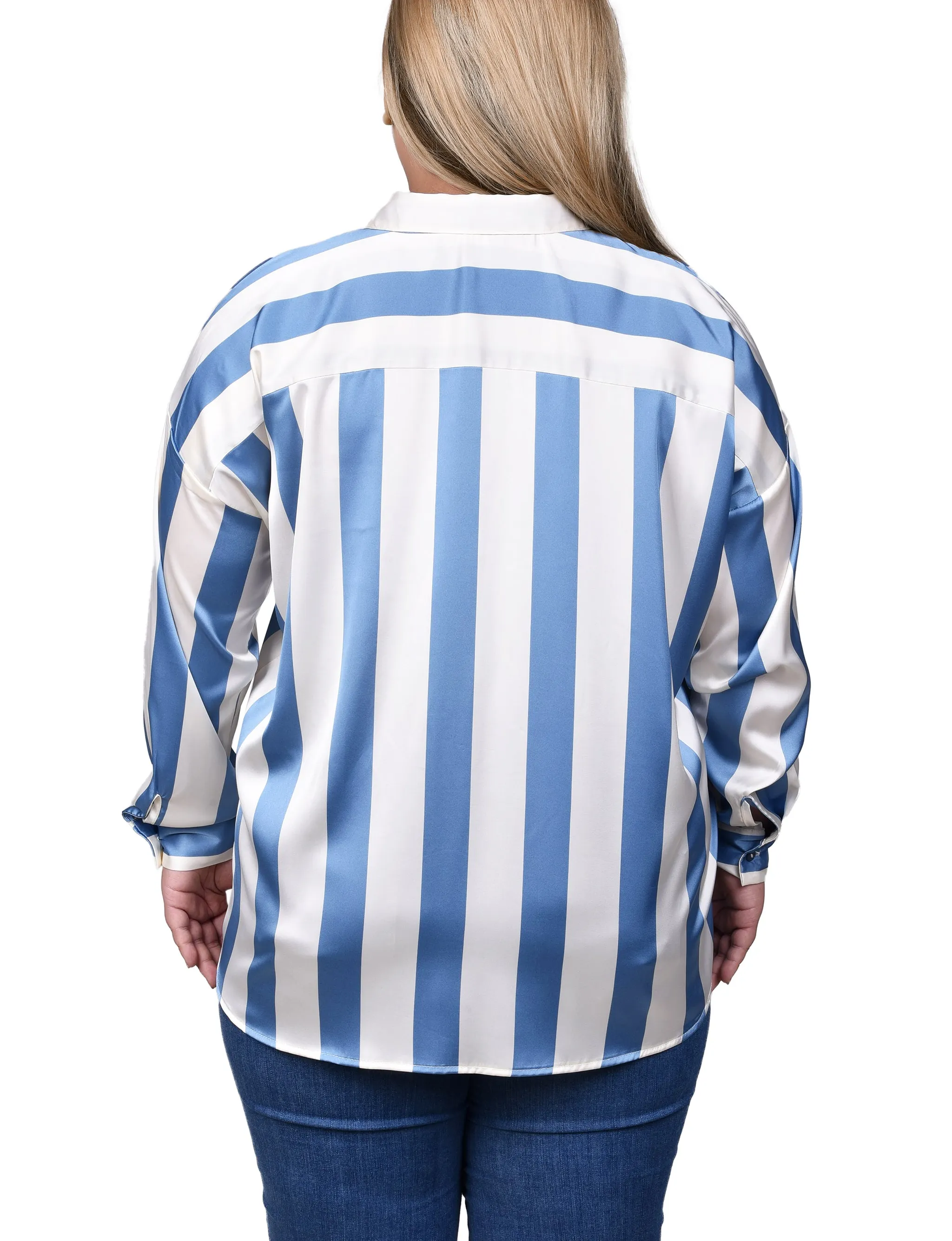 Plus Size Long Sleeve Striped Satin Blouse