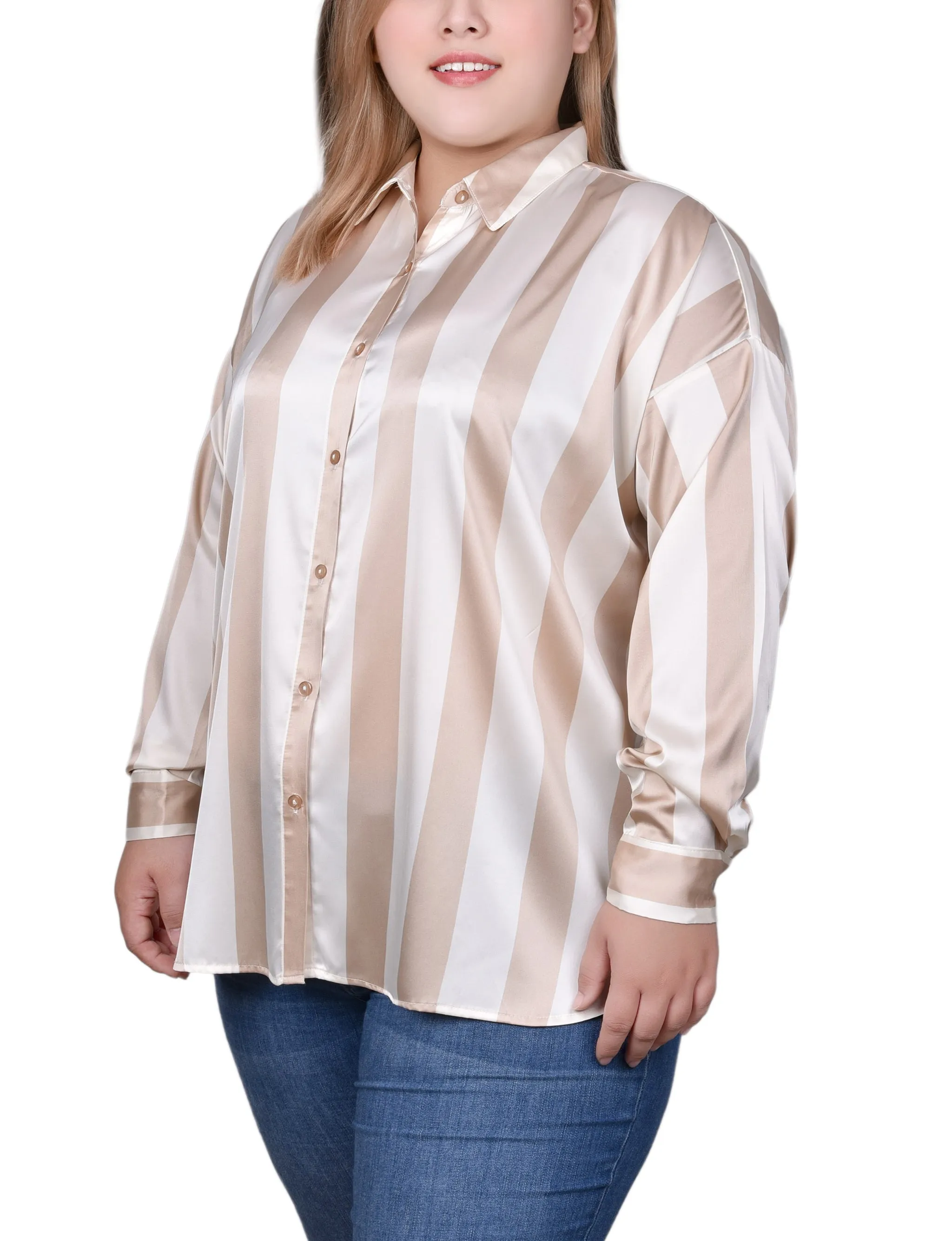 Plus Size Long Sleeve Striped Satin Blouse