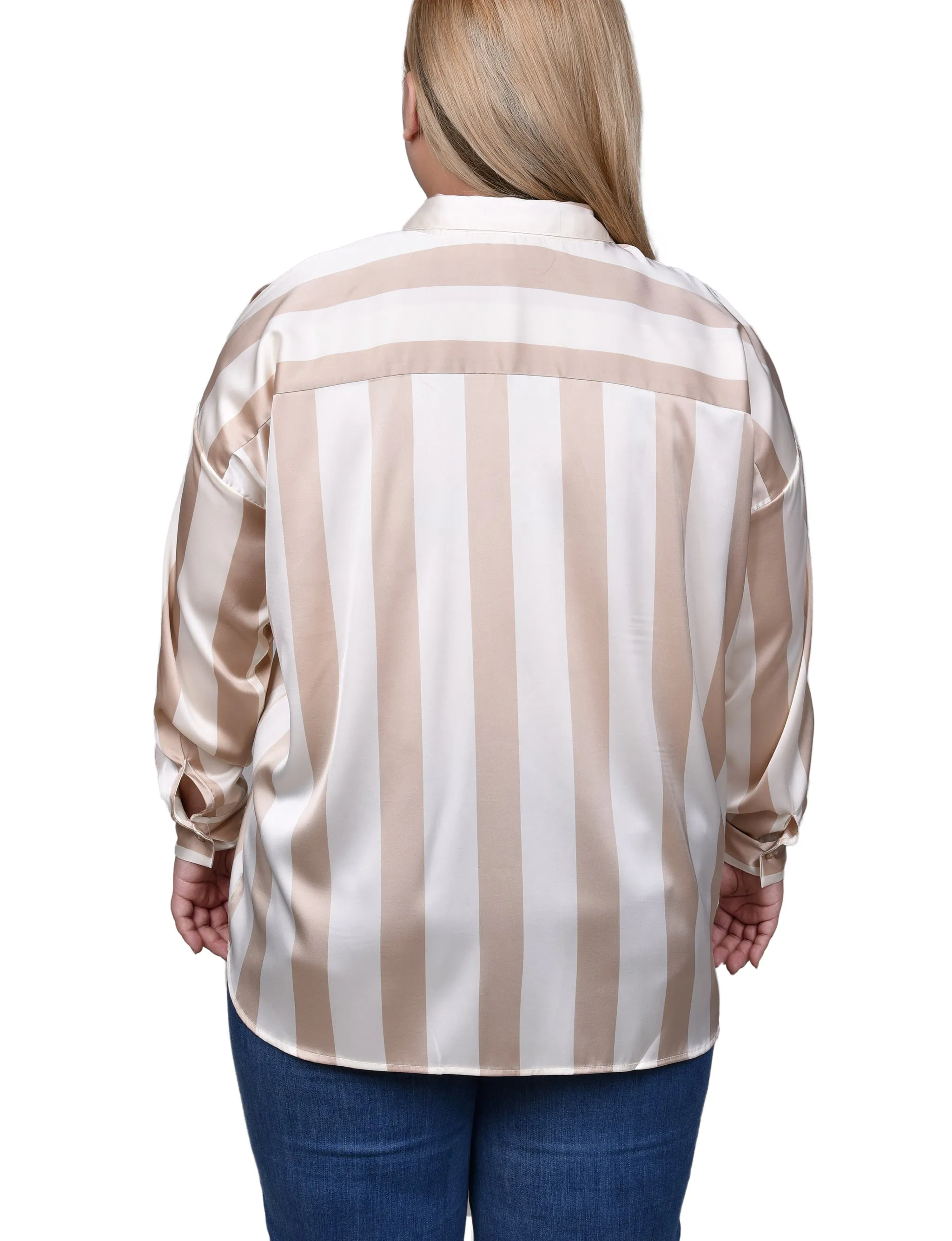 Plus Size Long Sleeve Striped Satin Blouse