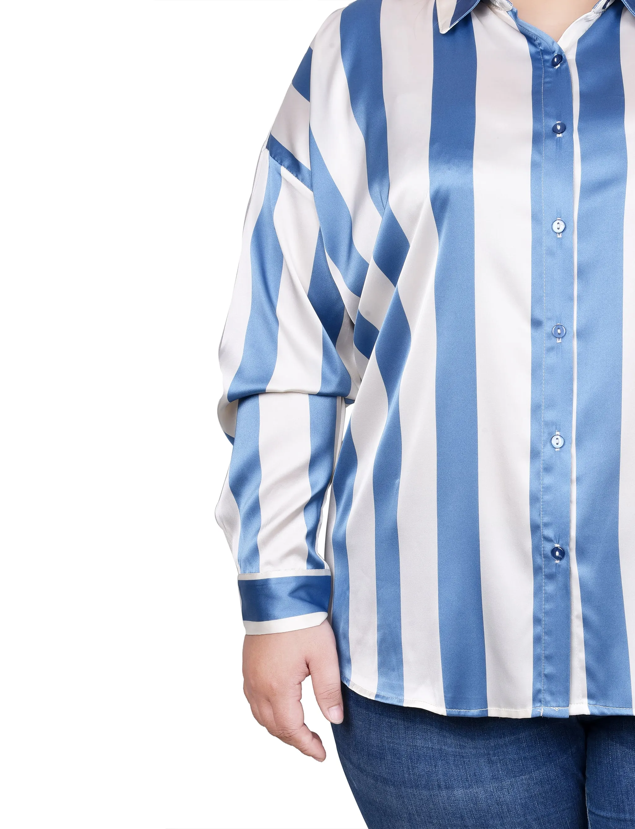 Plus Size Long Sleeve Striped Satin Blouse