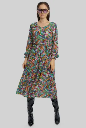 Printed Round Neck Tiered Midi Dress
