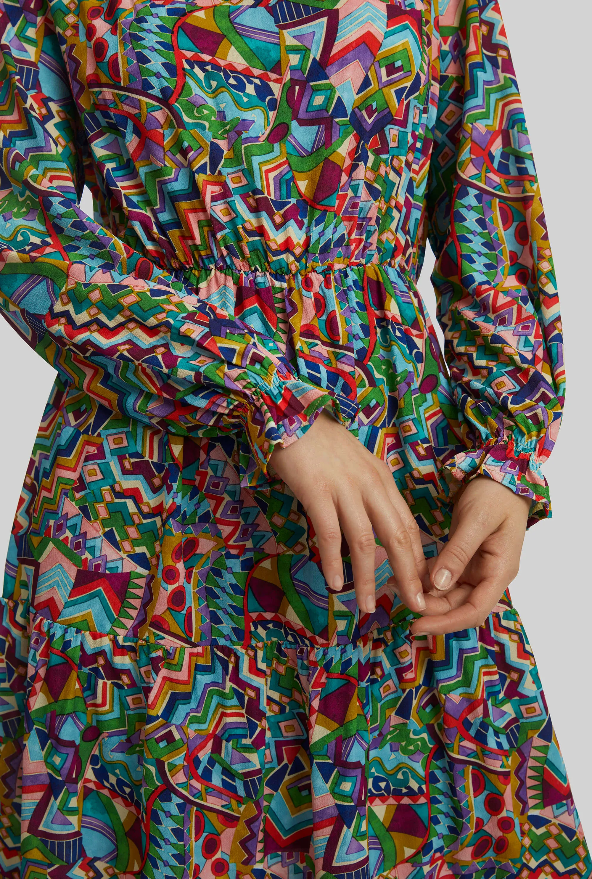 Printed Round Neck Tiered Midi Dress
