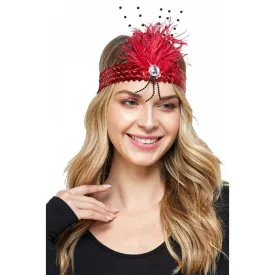 Red Flapper Gatsby Costume Headpiece Headband with Feather