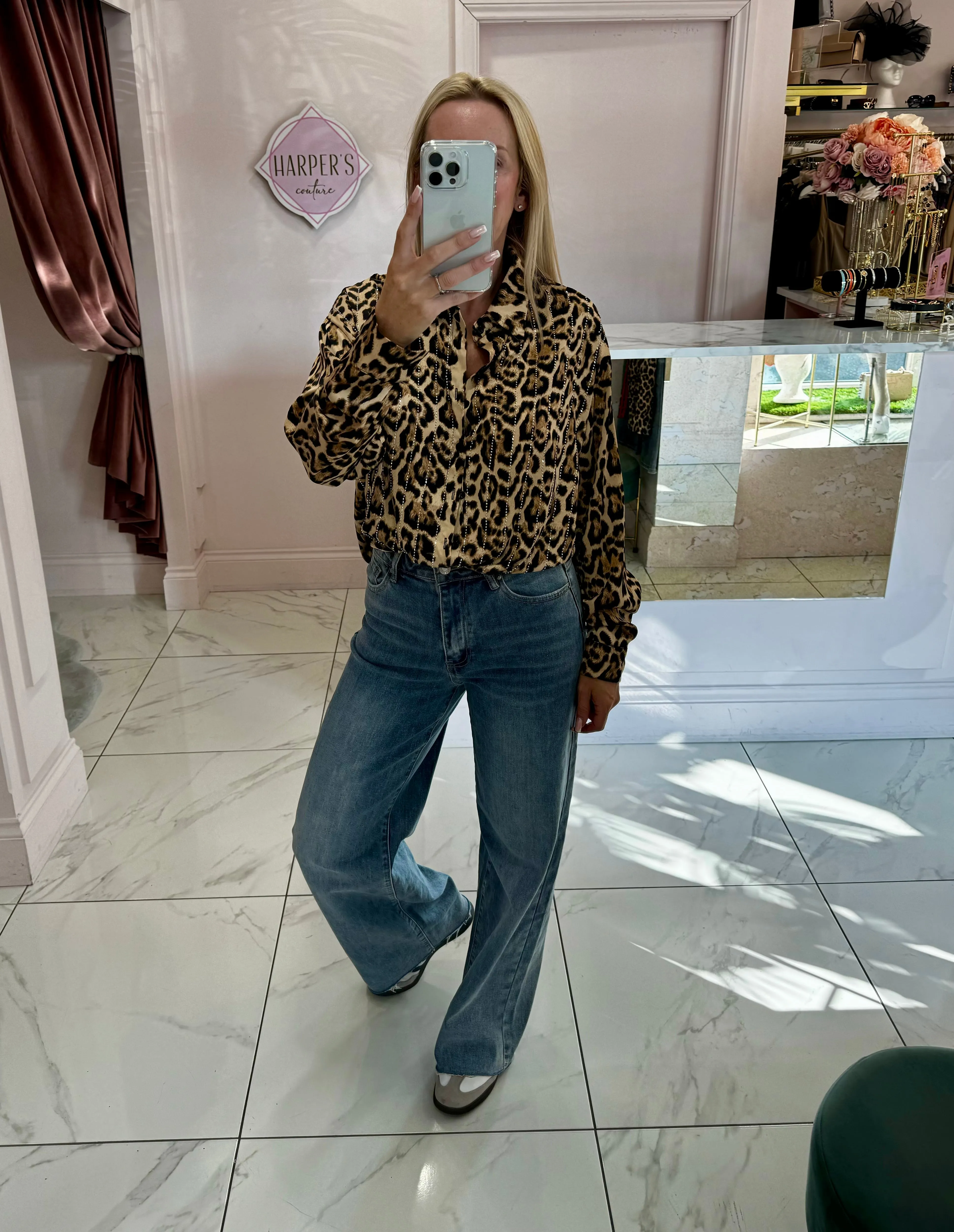 River Leopard Print & Diamante Oversized Satin Blouse