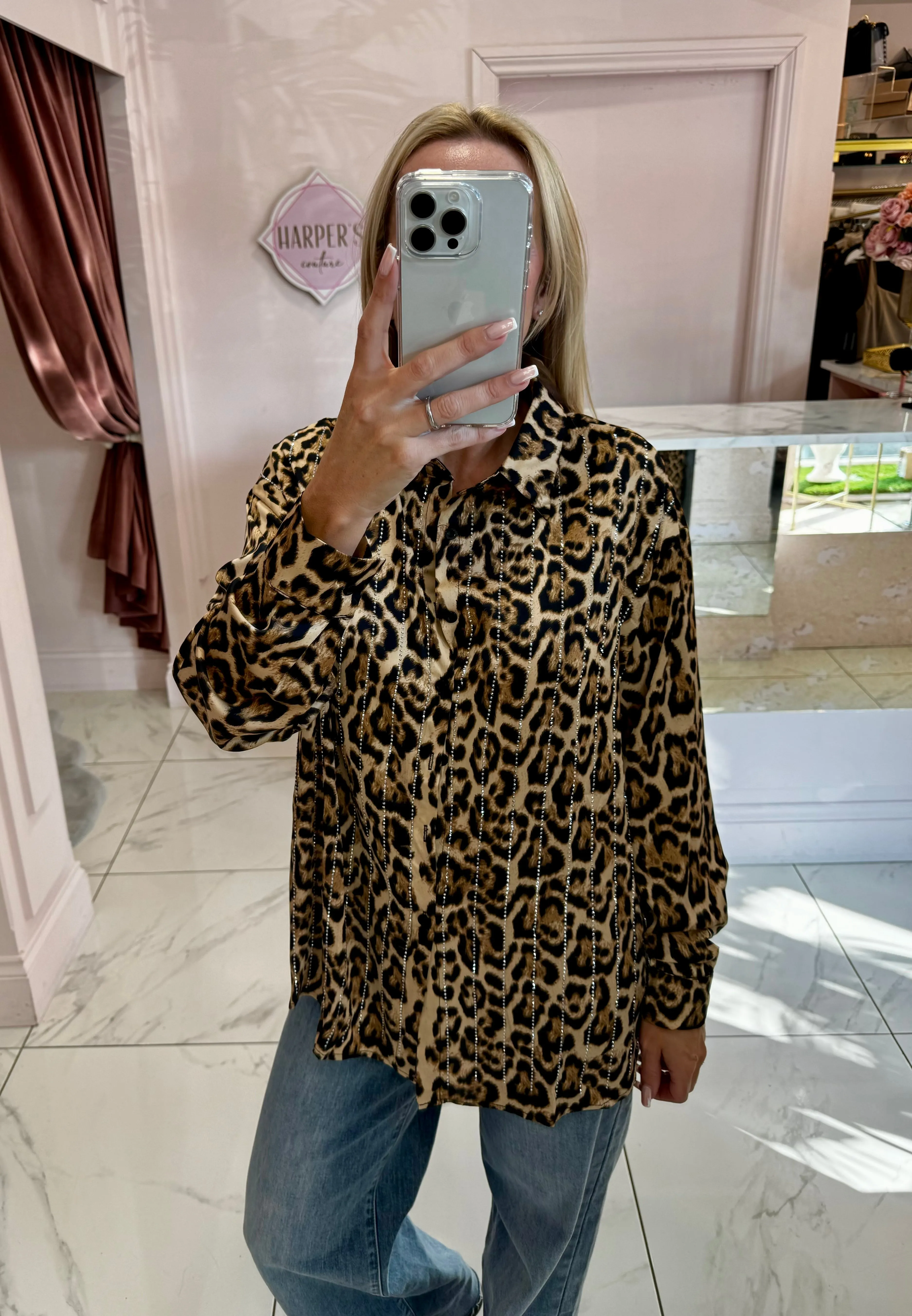 River Leopard Print & Diamante Oversized Satin Blouse