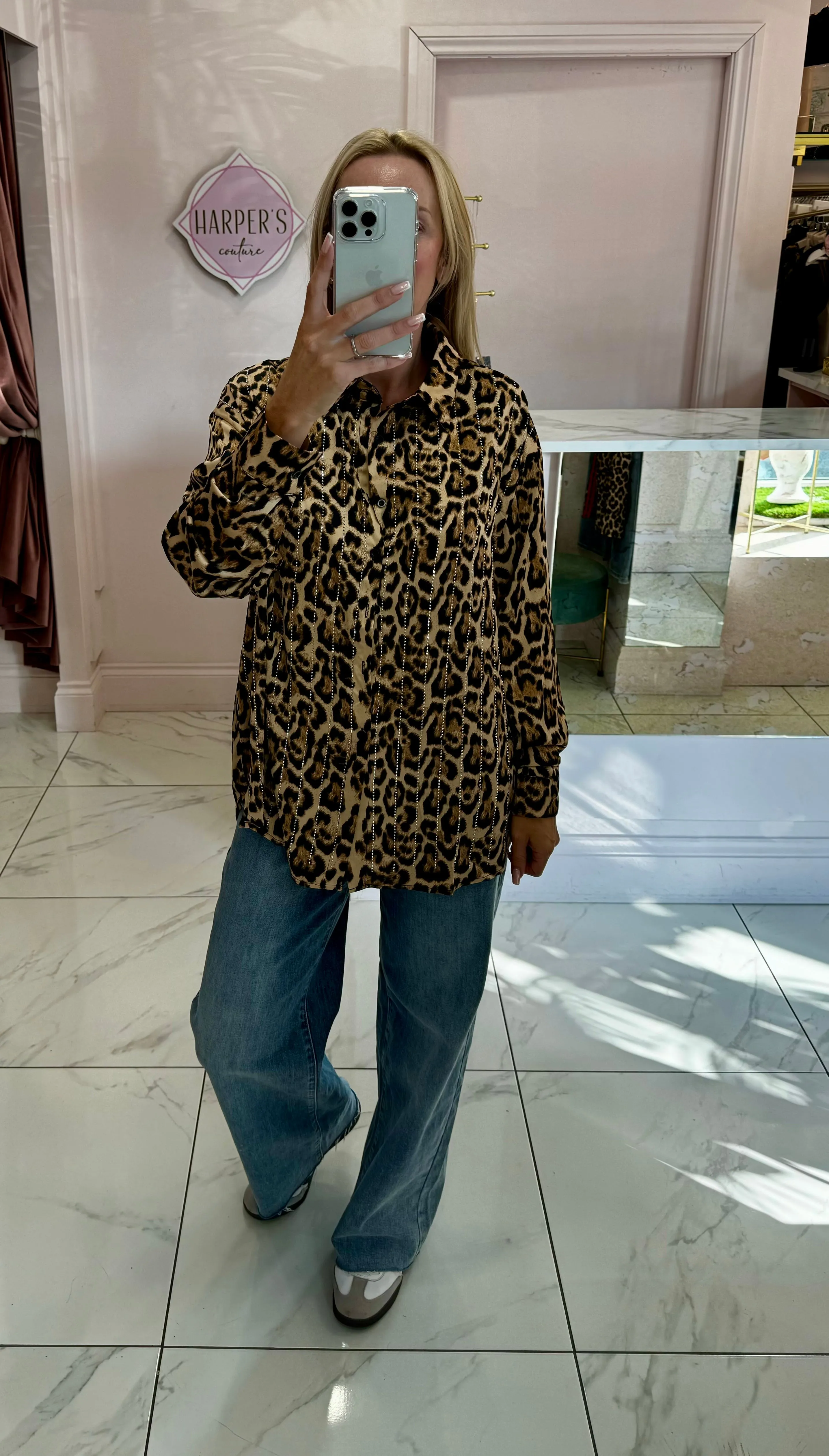 River Leopard Print & Diamante Oversized Satin Blouse