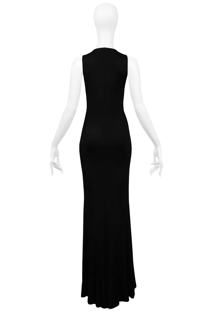 ROBERTO CAVALLI BLACK JERSEY EVENING GOWN WITH GOLD HARDWARE & JEWEL