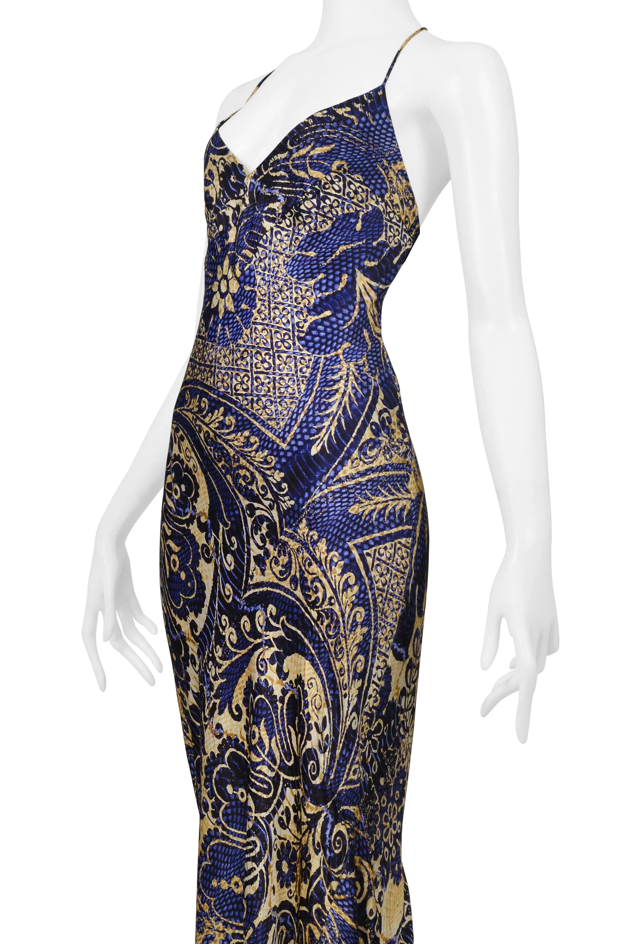 ROBERTO CAVALLI BLUE & GOLD BATIK PRINT MERMAID DRESS 2005