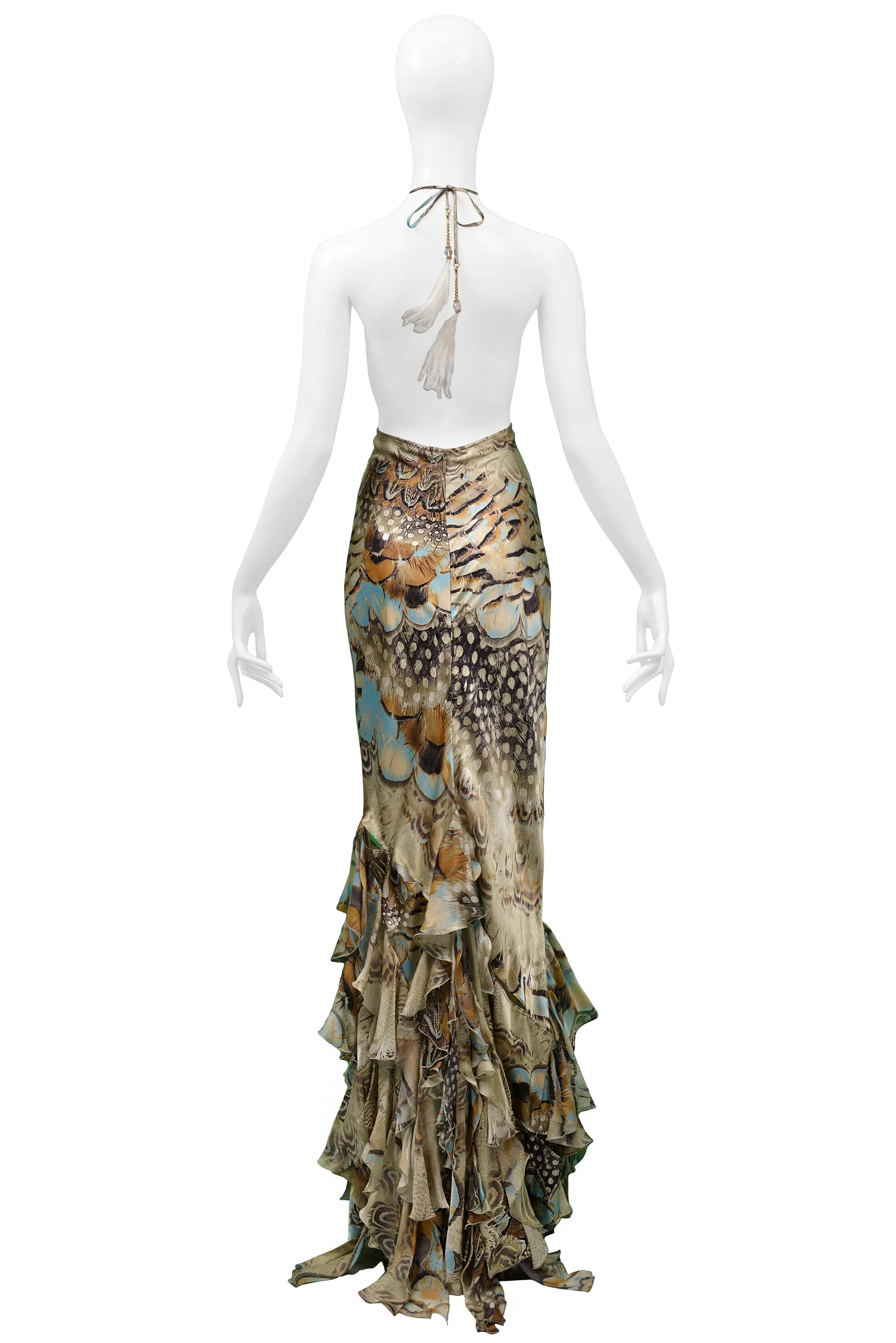 Roberto Cavalli Vintage 2004 Runway Satin Gown with Feather Ruffles