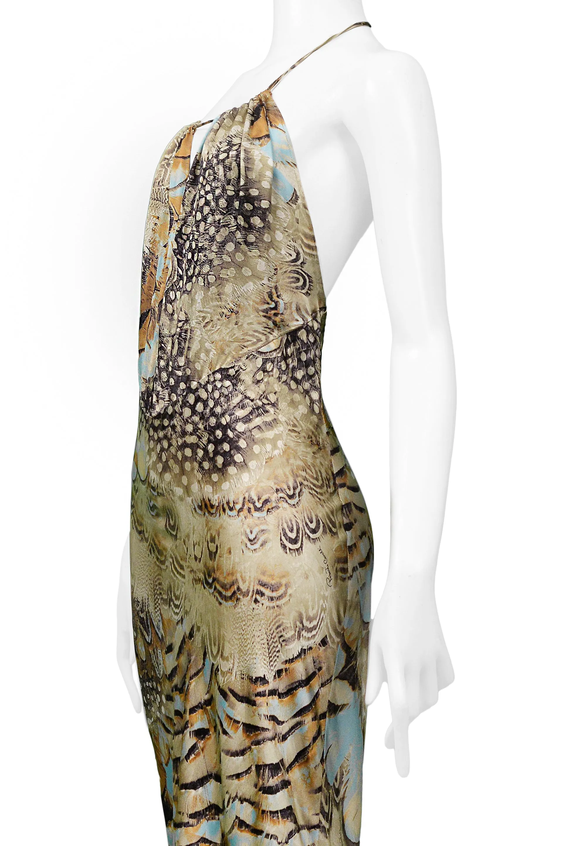 Roberto Cavalli Vintage 2004 Runway Satin Gown with Feather Ruffles