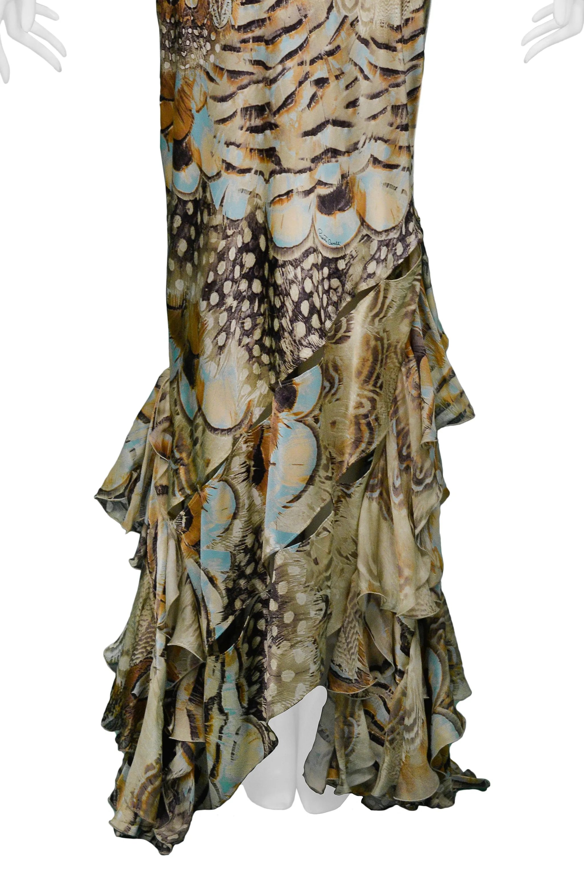 Roberto Cavalli Vintage 2004 Runway Satin Gown with Feather Ruffles