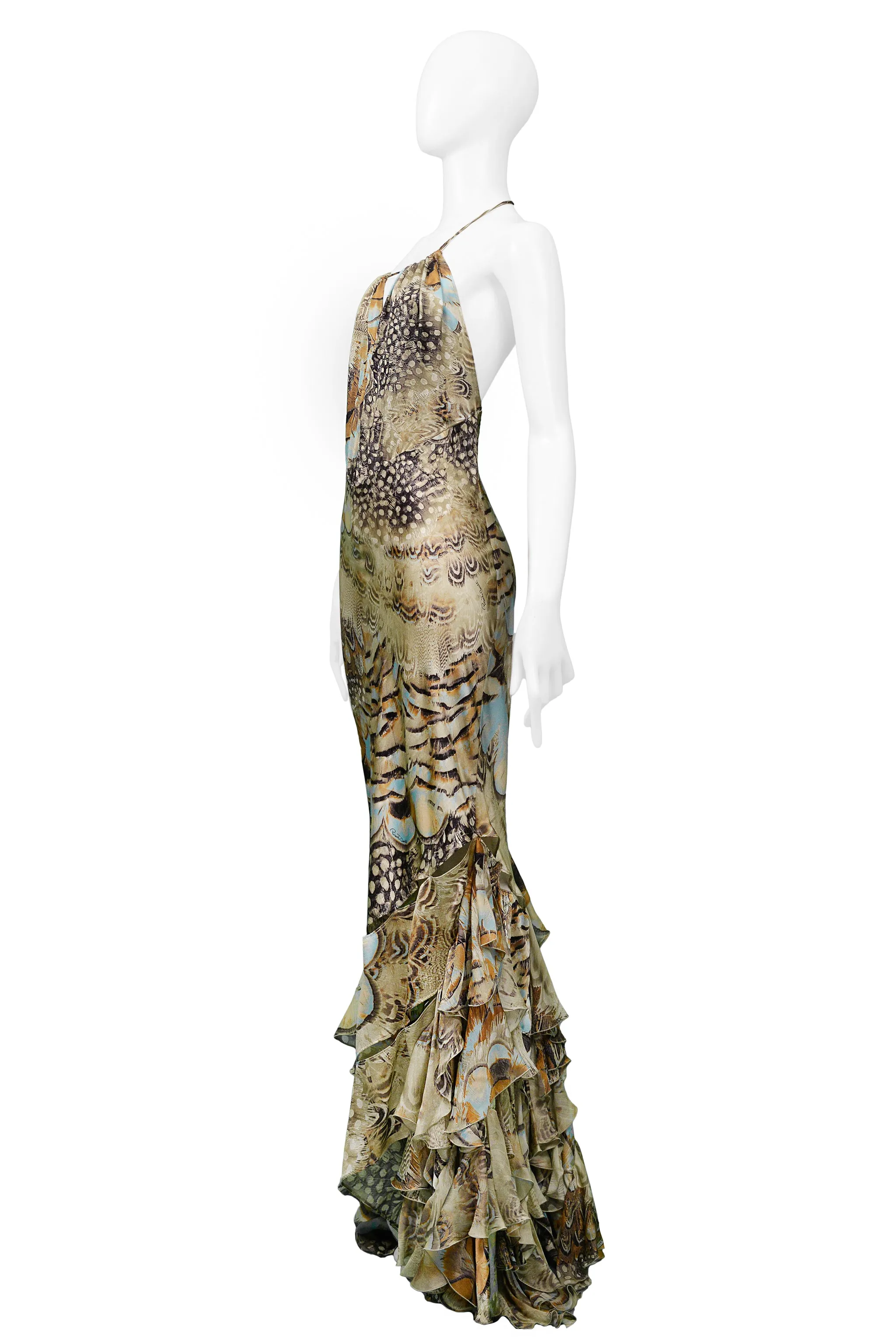 Roberto Cavalli Vintage 2004 Runway Satin Gown with Feather Ruffles