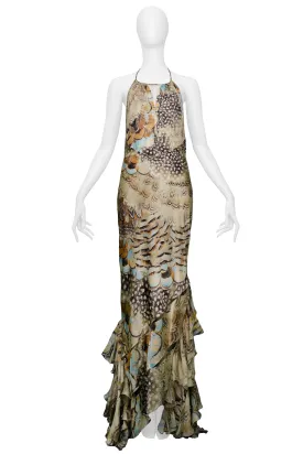 Roberto Cavalli Vintage 2004 Runway Satin Gown with Feather Ruffles