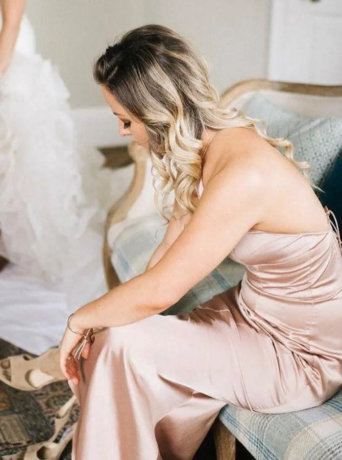 Round Neck Sweep Train Sleeveless Blush Satin Bridesmaid Dress (BMA20157)