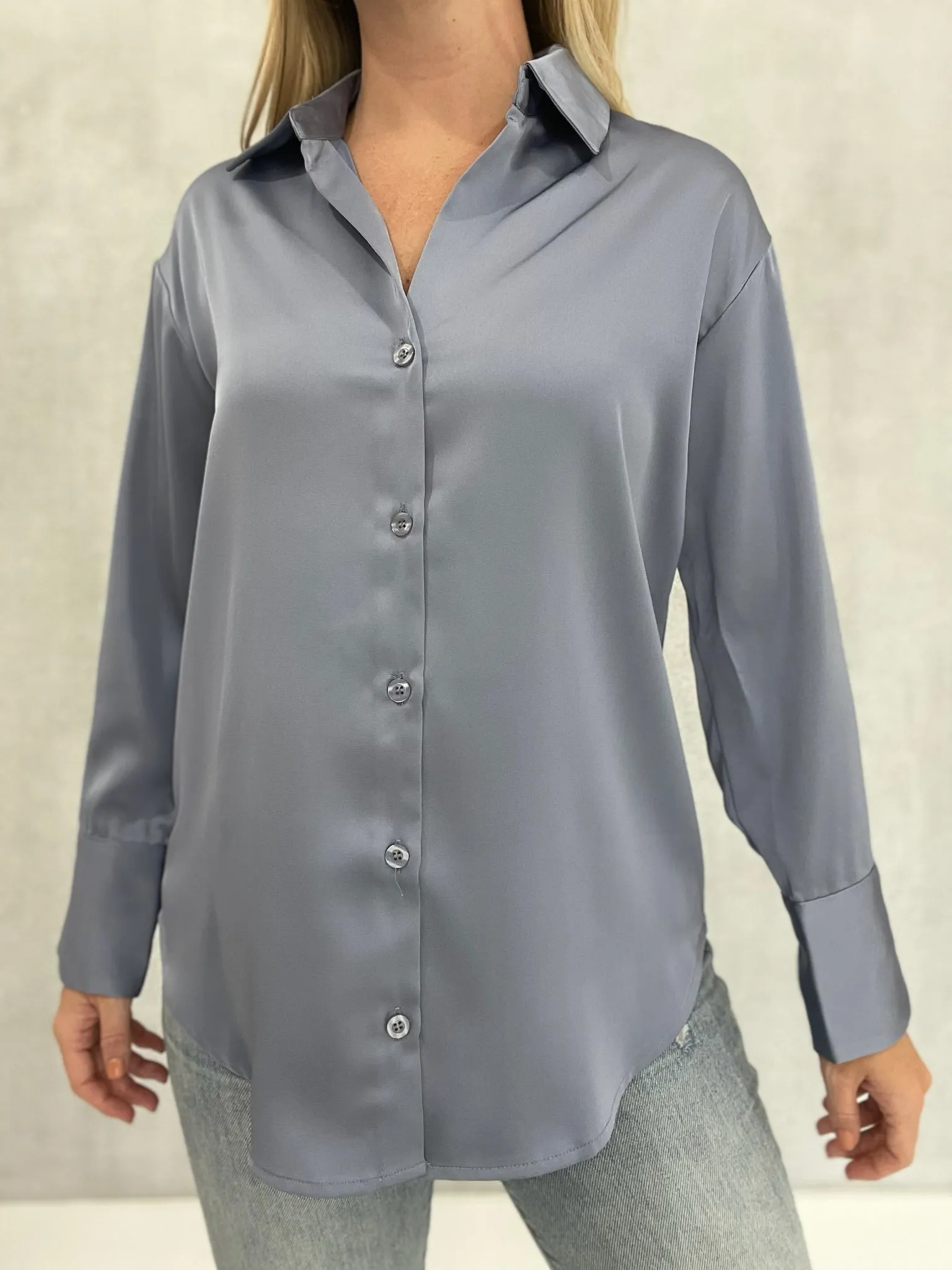 Satin Button Down Blouse - Blue
