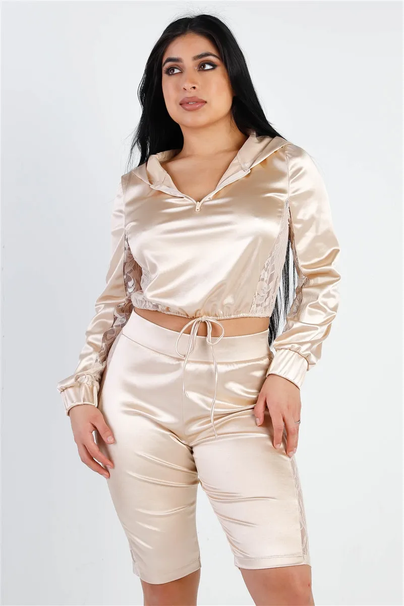 SATIN LACE DETAILS LONG SLEEVE HOODED CROP TOP & BIKER SHORT SET