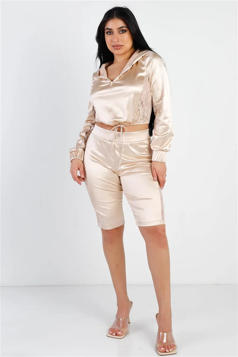 SATIN LACE DETAILS LONG SLEEVE HOODED CROP TOP & BIKER SHORT SET