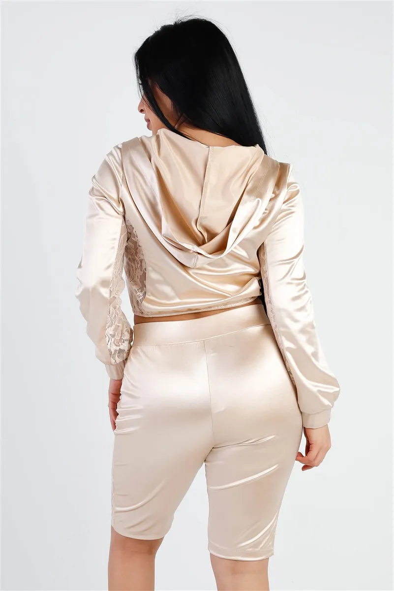 SATIN LACE DETAILS LONG SLEEVE HOODED CROP TOP & BIKER SHORT SET