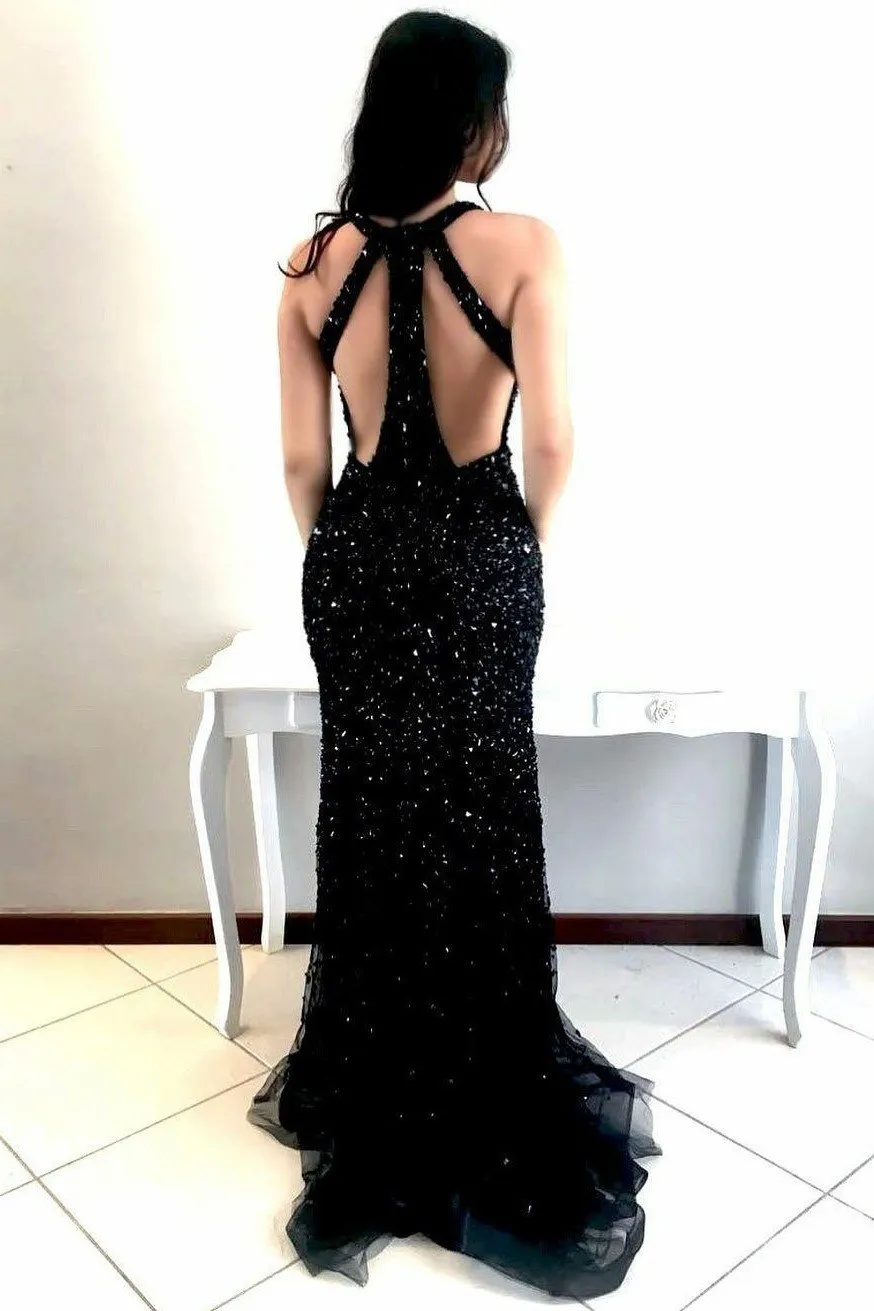 Sexy V-neckline Sequin Black Prom Dress with Rhinestones Bodice