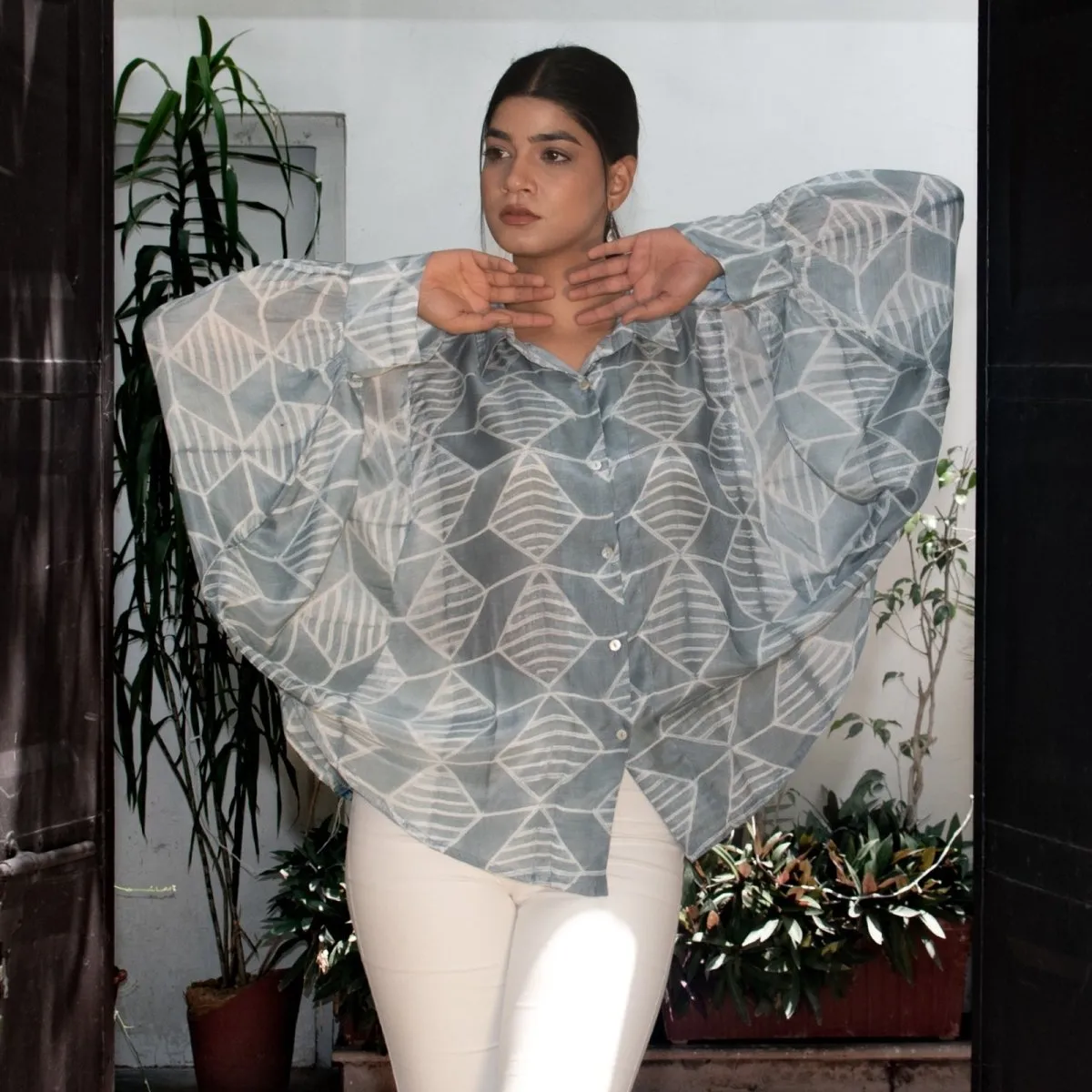 Shibori Modal Silk Shirt with Flutter Sleeves