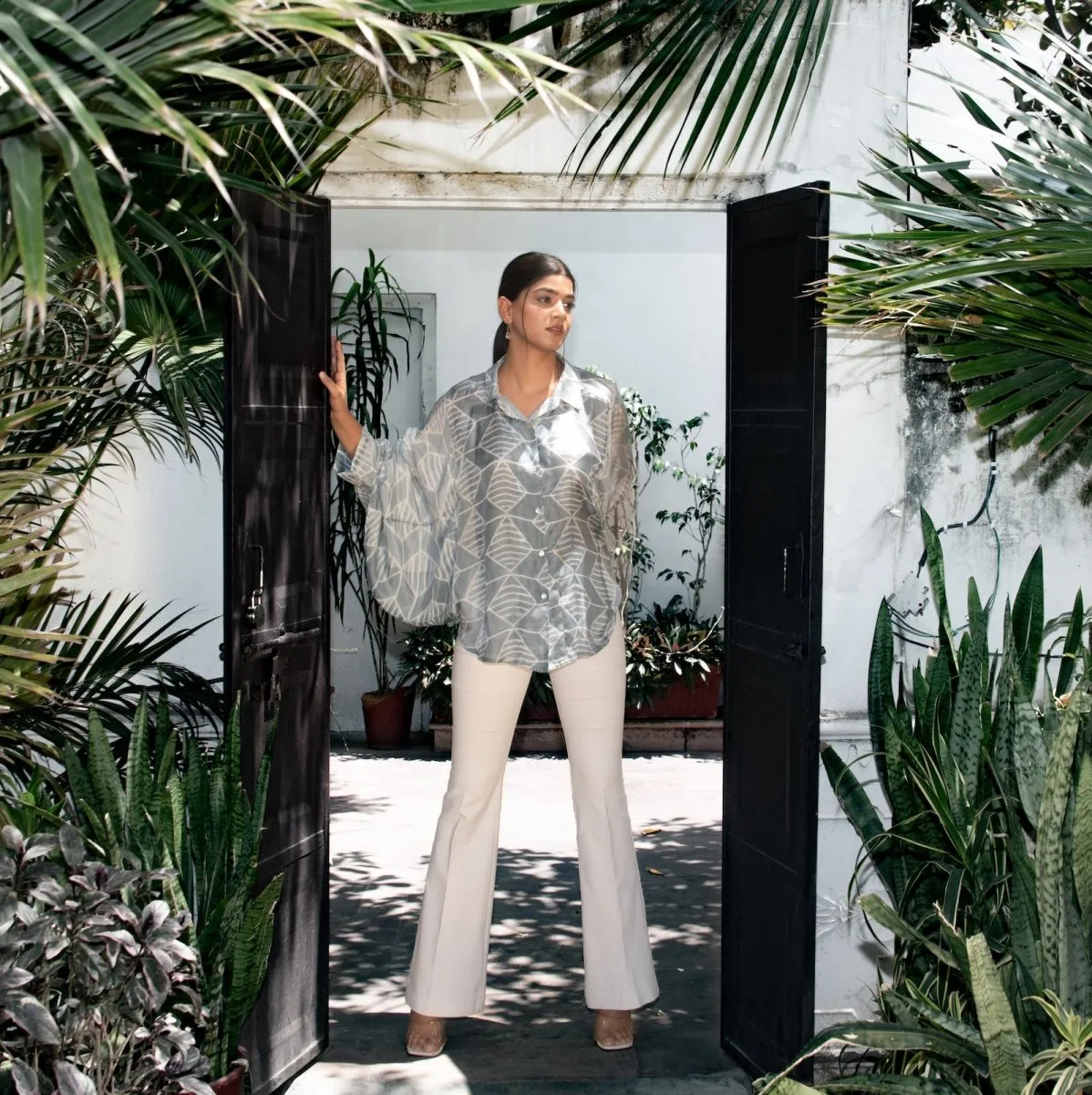 Shibori Modal Silk Shirt with Flutter Sleeves