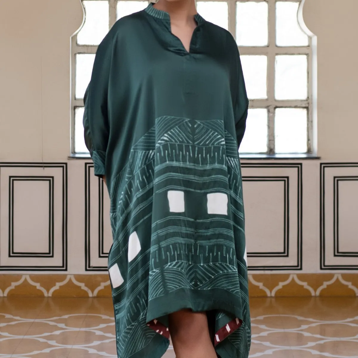 Silk Shibori Tunic Dress - Dark Green