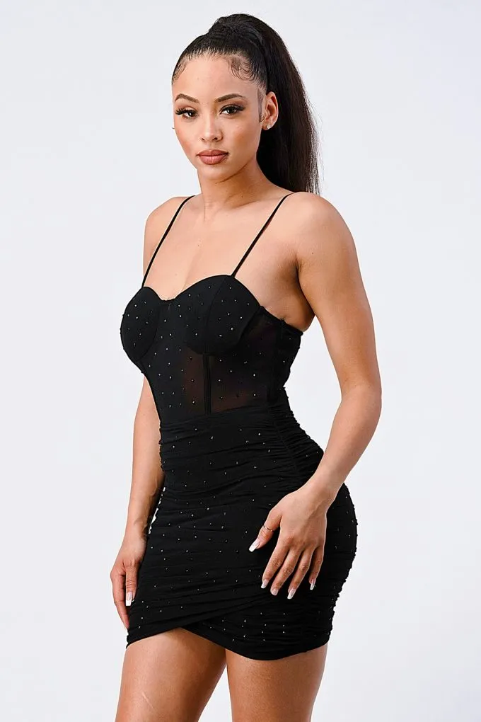 Spaghetti Strap Front Mesh Ribbed Cami Mini Dress