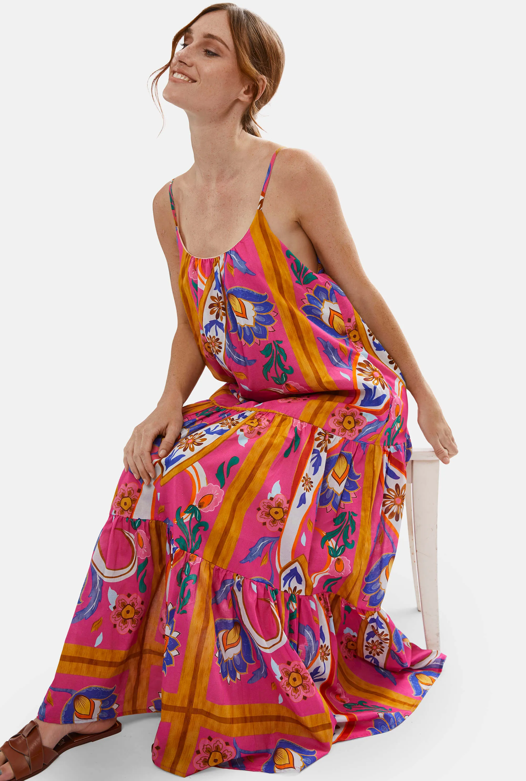 Strappy Tiered Printed Midi Dress