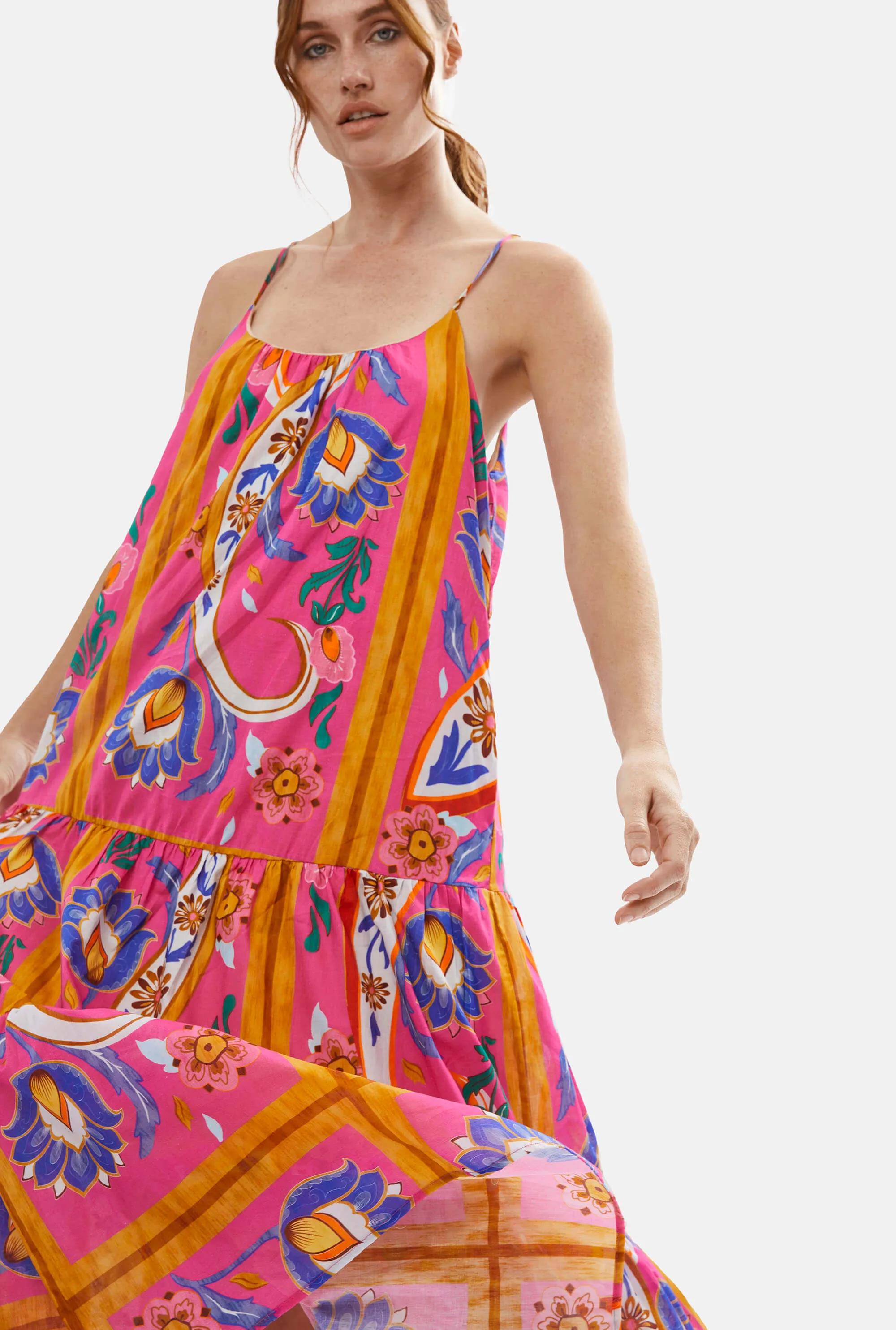 Strappy Tiered Printed Midi Dress
