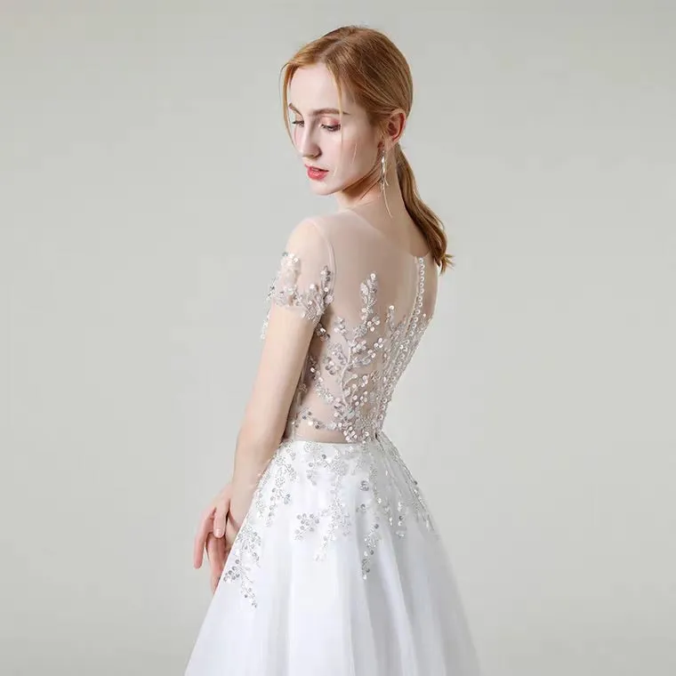 The Khloe Wedding Bridal Illusion Boat Neck Lace Gown