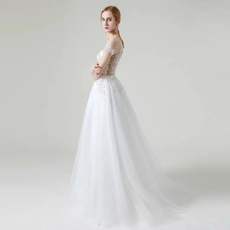 The Khloe Wedding Bridal Illusion Boat Neck Lace Gown