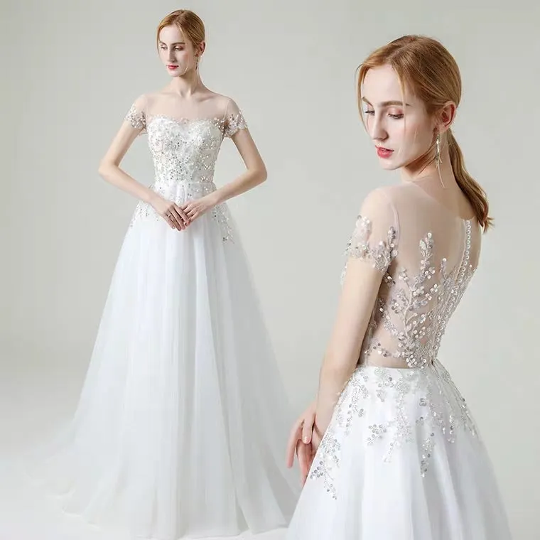 The Khloe Wedding Bridal Illusion Boat Neck Lace Gown