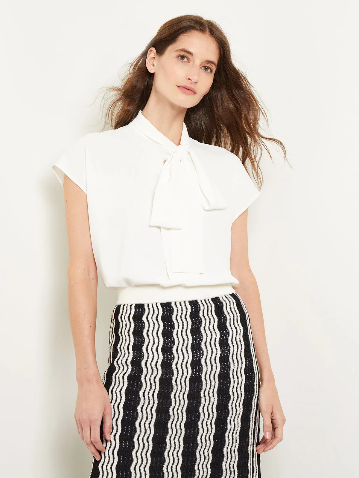Elegant Cap Sleeve Crepe de Chine Tie-Neck Blouse