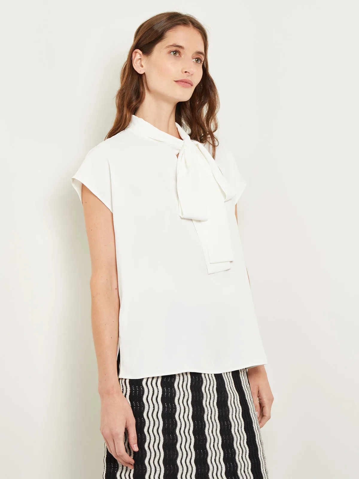 Elegant Cap Sleeve Crepe de Chine Tie-Neck Blouse