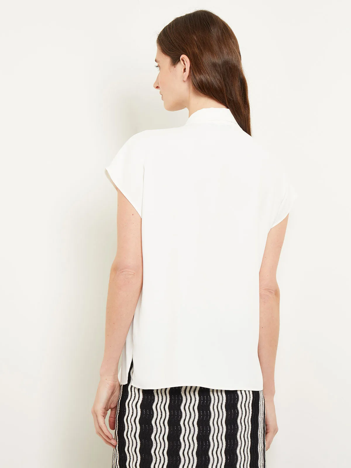 Elegant Cap Sleeve Crepe de Chine Tie-Neck Blouse