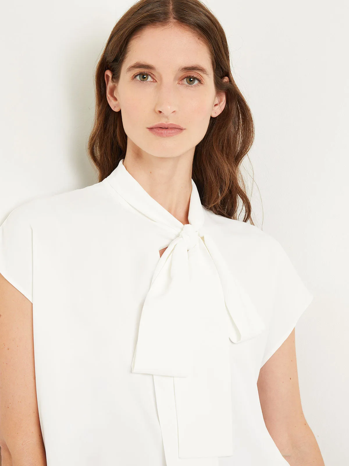 Elegant Cap Sleeve Crepe de Chine Tie-Neck Blouse
