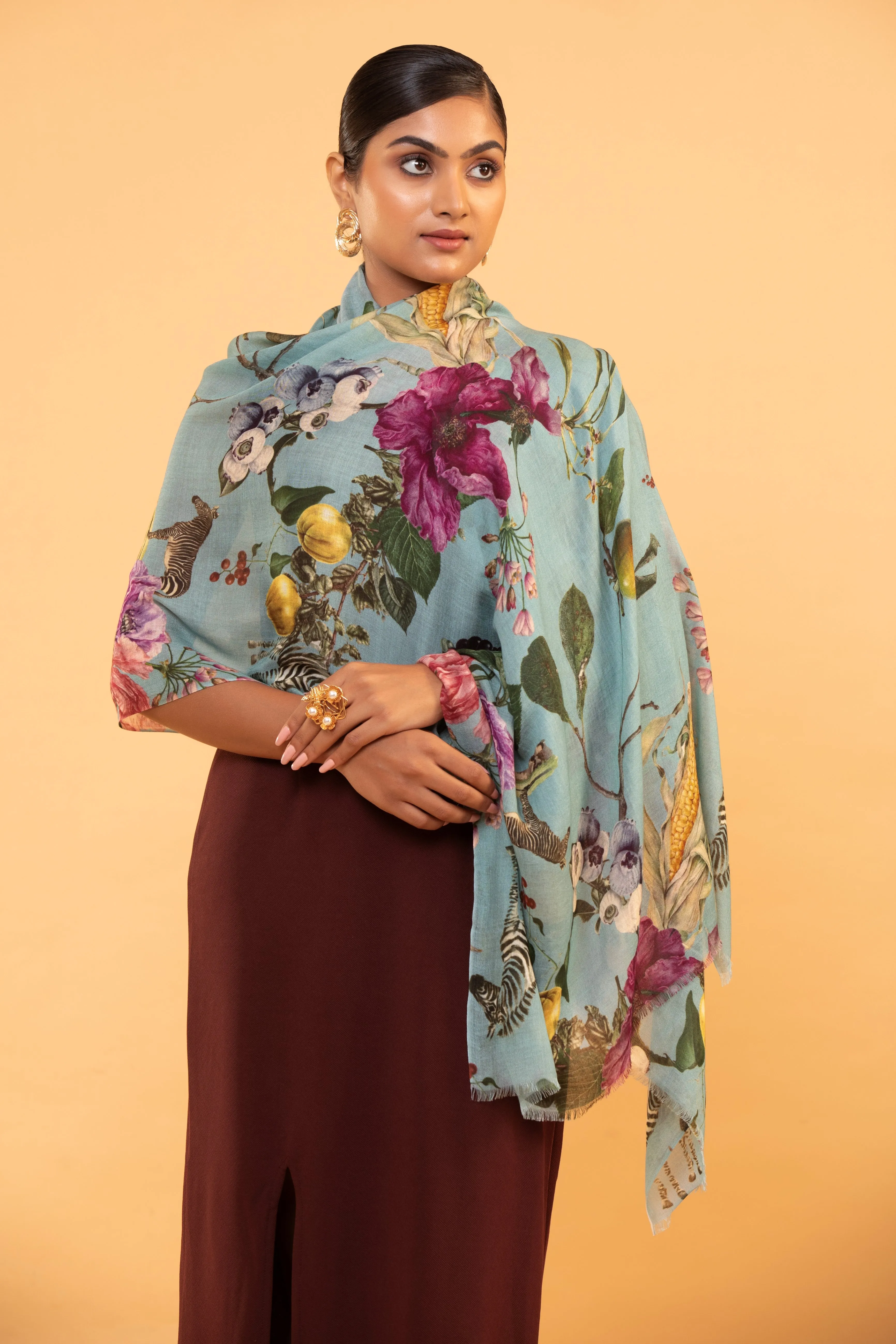 Turquoise Blue Floral Wool Shawl for Women – Hand-Painted Elegance