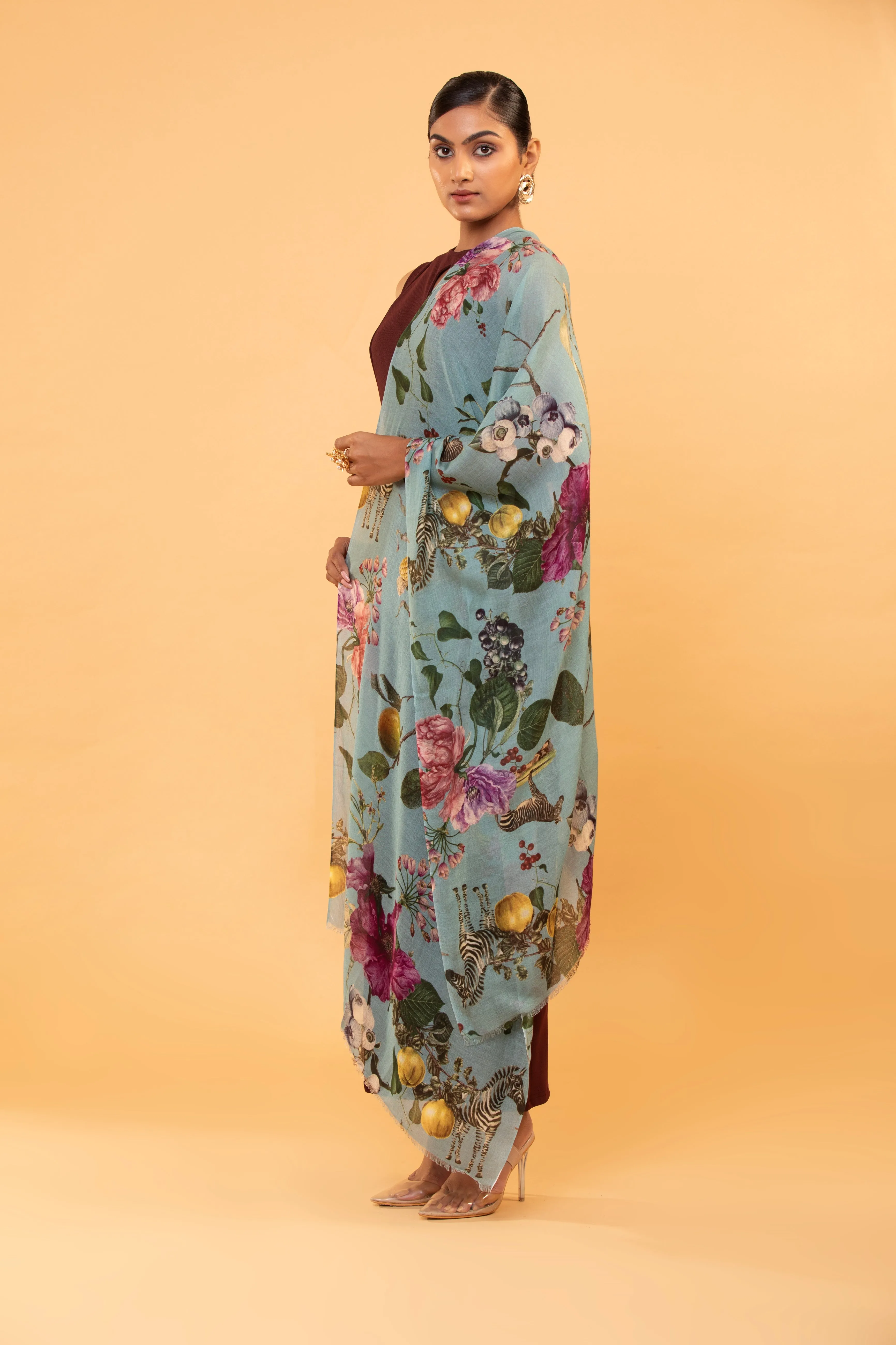 Turquoise Blue Floral Wool Shawl for Women – Hand-Painted Elegance