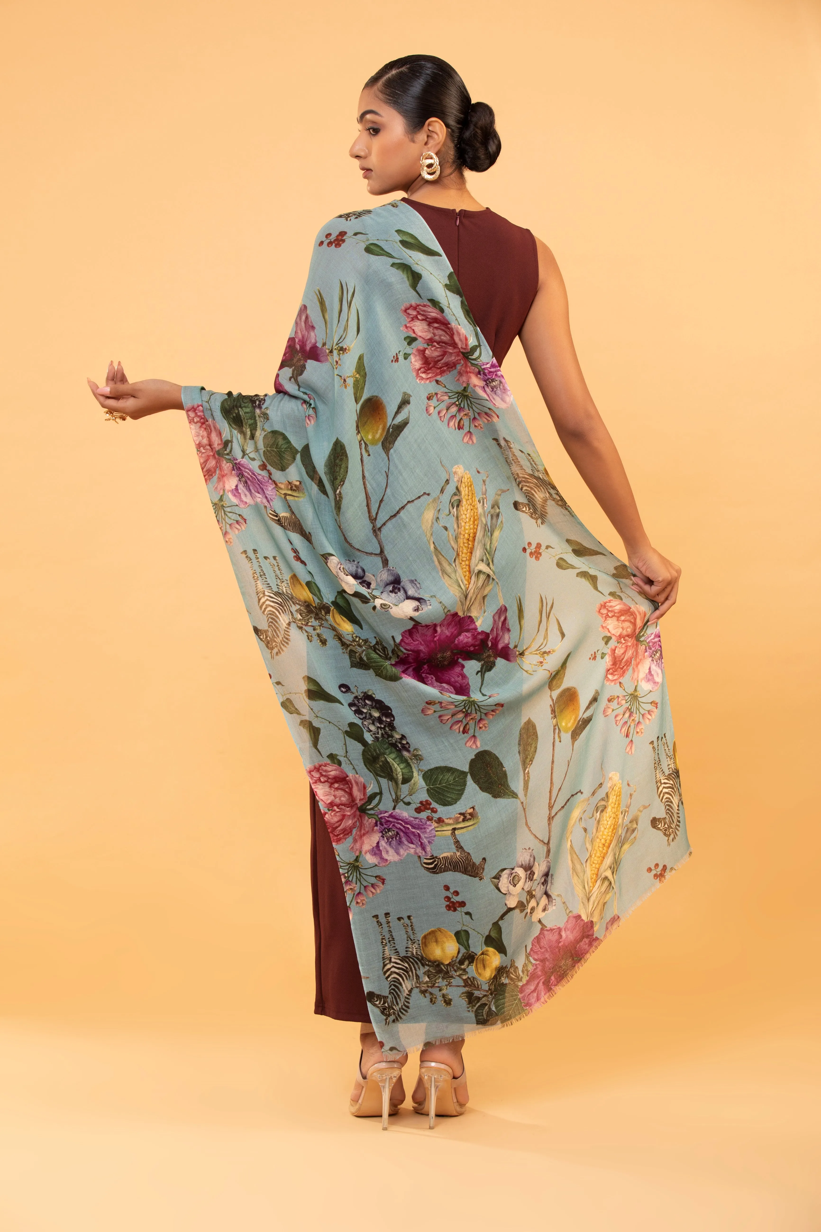 Turquoise Blue Floral Wool Shawl for Women – Hand-Painted Elegance