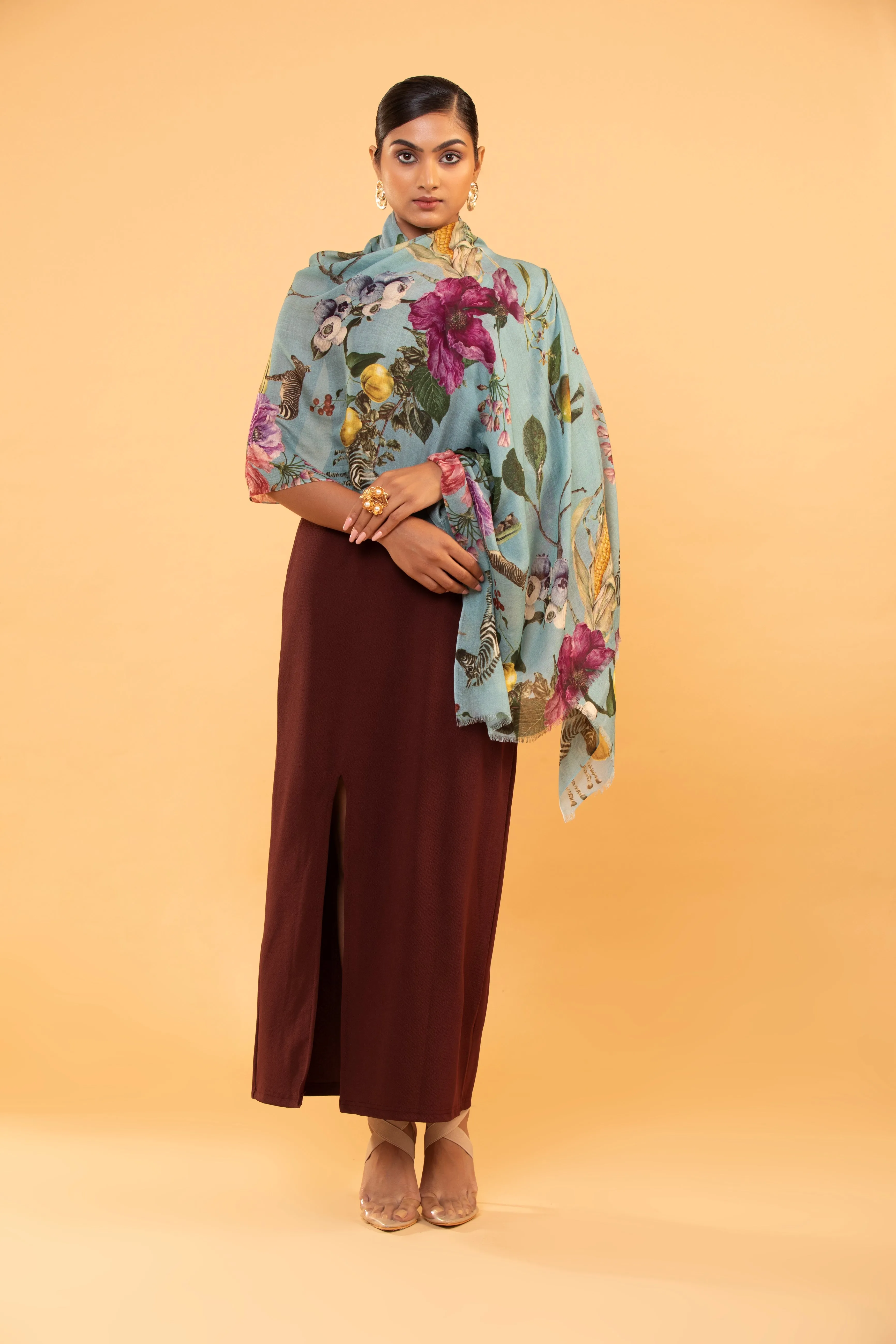 Turquoise Blue Floral Wool Shawl for Women – Hand-Painted Elegance