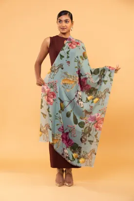 Turquoise Blue Floral Wool Shawl for Women – Hand-Painted Elegance